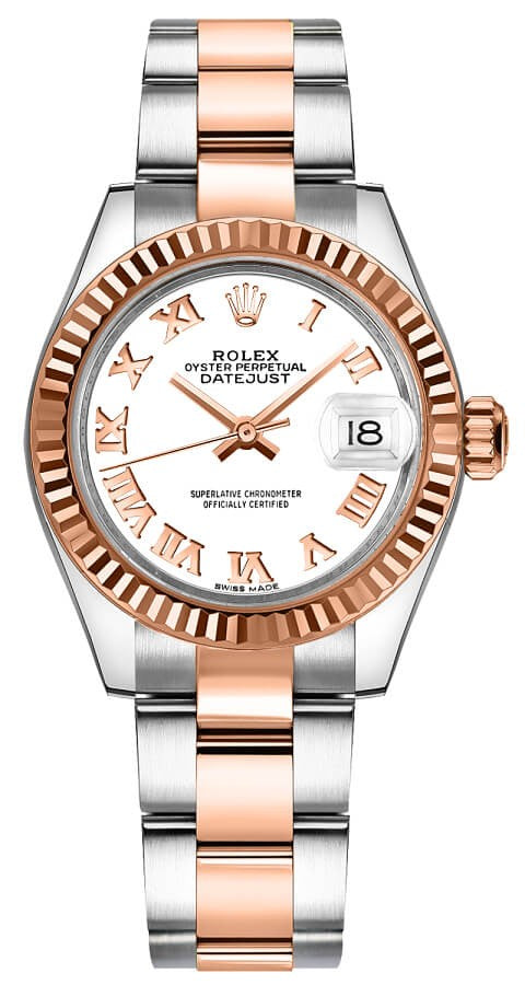 Rolex Lady-Datejust 28 White Roman Numeral Gold Watch 279171-0022