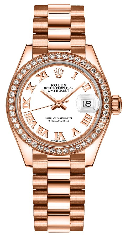 Rolex Lady-Datejust 28 White Roman Numeral Gold Watch 279135RBR